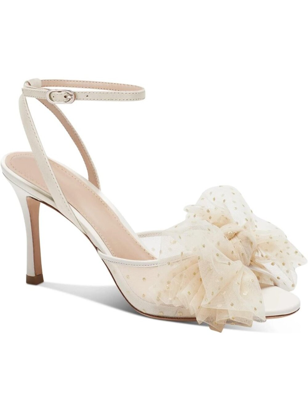 Women's Beige Bow Tie Heels Sandals Slingback Mesh High Stiletto Wedding Heels